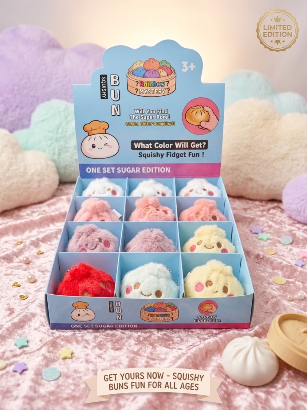 Squishy Bun Surprise Plush Toy - Sugar Edition (Assorted Pastel Colors) keychain